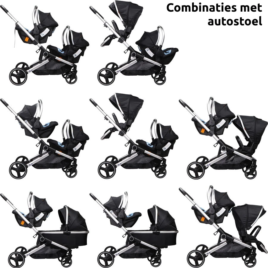 Ding Amigo Black/Silver Tweeling Kinderwagen Incl. 2 Autostoelen DI-191710 - Afbeelding 8